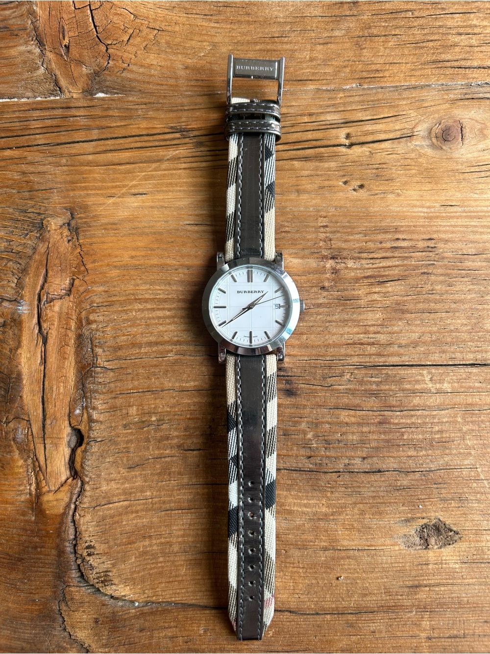 Burberry Silver Case Watch with Beige and Black Check Strap